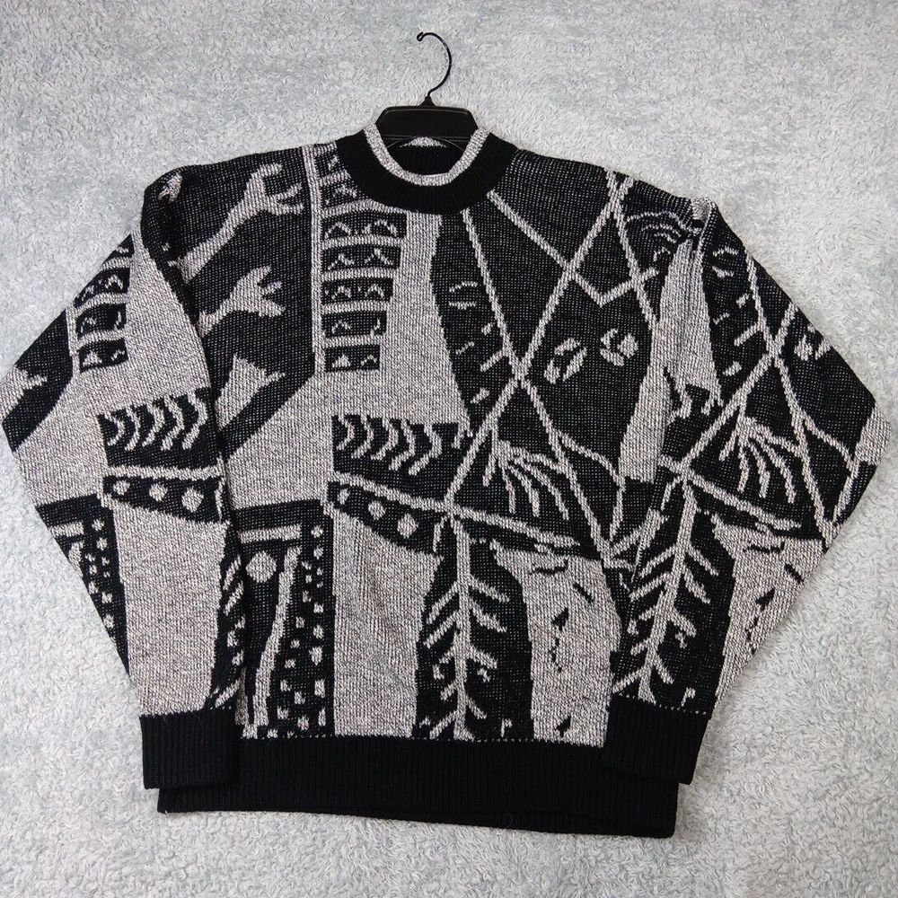 Vintage‎ Le Tigre Knit Pullover Crew Neck Black Gray Sweater Size XL